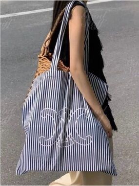 Navy and White Striped Tote with Monogram Graphic, Celine GWP tote 2021/22